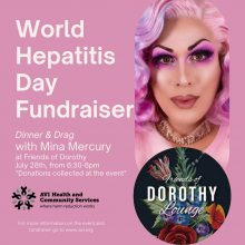 World Hepatitis Day Fundraiser Flyer with Mina Mercury at Friends of Dorothy